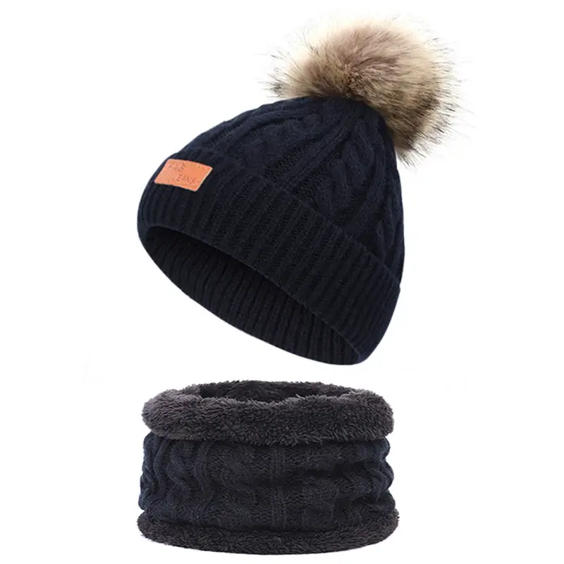 Winter Kidsren's Scarf Hat Two-Piece Set Pom-Pom Baby Baby Knitted Hat Warm Wool Fleece-Lined Thickeneded Neck Cover
