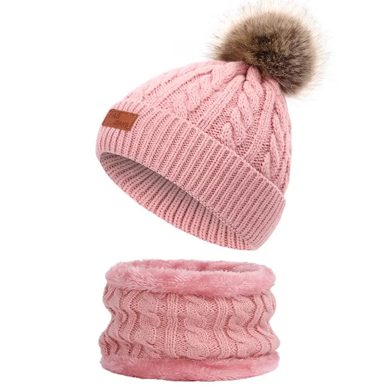 Winter Kidsren's Scarf Hat Two-Piece Set Pom-Pom Baby Baby Knitted Hat Warm Wool Fleece-Lined Thickeneded Neck Cover
