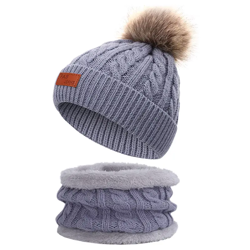 Winter Kidsren's Scarf Hat Two-Piece Set Pom-Pom Baby Baby Knitted Hat Warm Wool Fleece-Lined Thickeneded Neck Cover