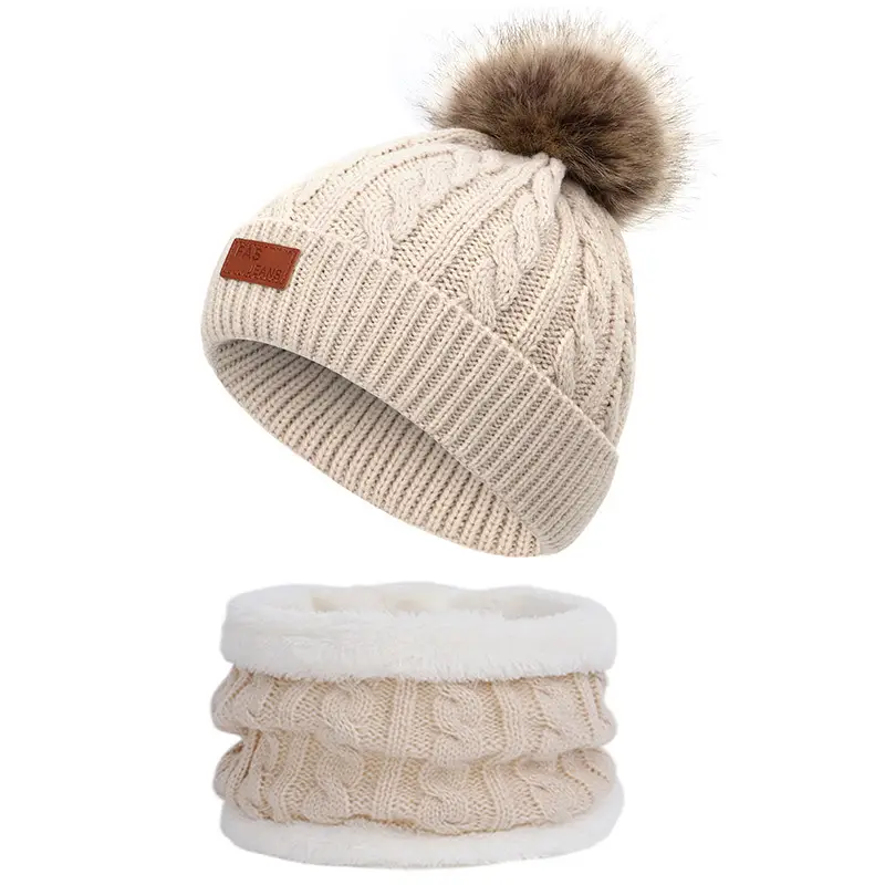 Winter Kidsren's Scarf Hat Two-Piece Set Pom-Pom Baby Baby Knitted Hat Warm Wool Fleece-Lined Thickeneded Neck Cover