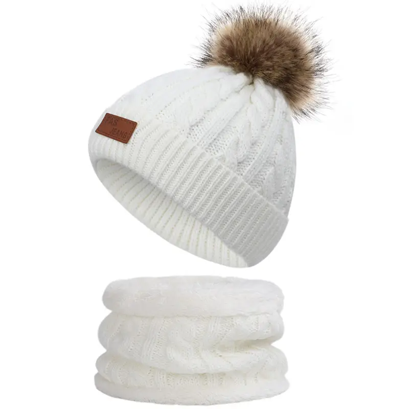Winter Kidsren's Scarf Hat Two-Piece Set Pom-Pom Baby Baby Knitted Hat Warm Wool Fleece-Lined Thickeneded Neck Cover