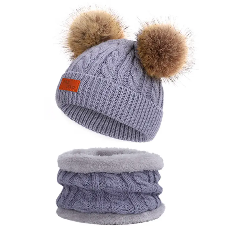 Winter Kidsren's Scarf Hat Two-Piece Set Pom-Pom Baby Baby Knitted Hat Warm Wool Fleece-Lined Thickeneded Neck Cover