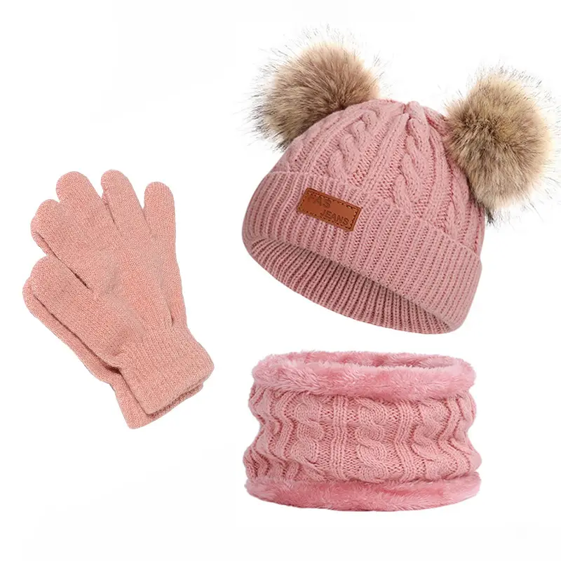 Winter Kidsren's Scarf Hat Two-Piece Set Pom-Pom Baby Baby Knitted Hat Warm Wool Fleece-Lined Thickeneded Neck Cover