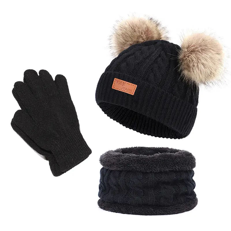 Winter Kidsren's Scarf Hat Two-Piece Set Pom-Pom Baby Baby Knitted Hat Warm Wool Fleece-Lined Thickeneded Neck Cover