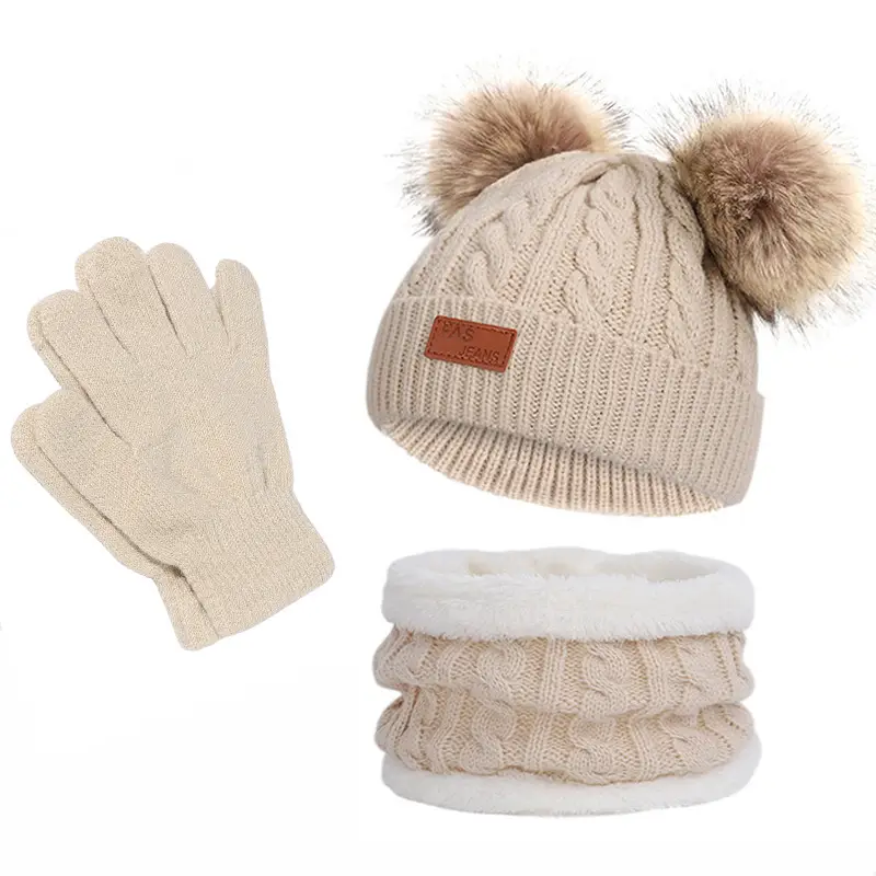 Winter Kidsren's Scarf Hat Two-Piece Set Pom-Pom Baby Baby Knitted Hat Warm Wool Fleece-Lined Thickeneded Neck Cover