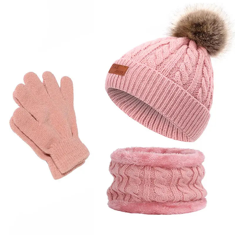 Winter Kidsren's Scarf Hat Two-Piece Set Pom-Pom Baby Baby Knitted Hat Warm Wool Fleece-Lined Thickeneded Neck Cover