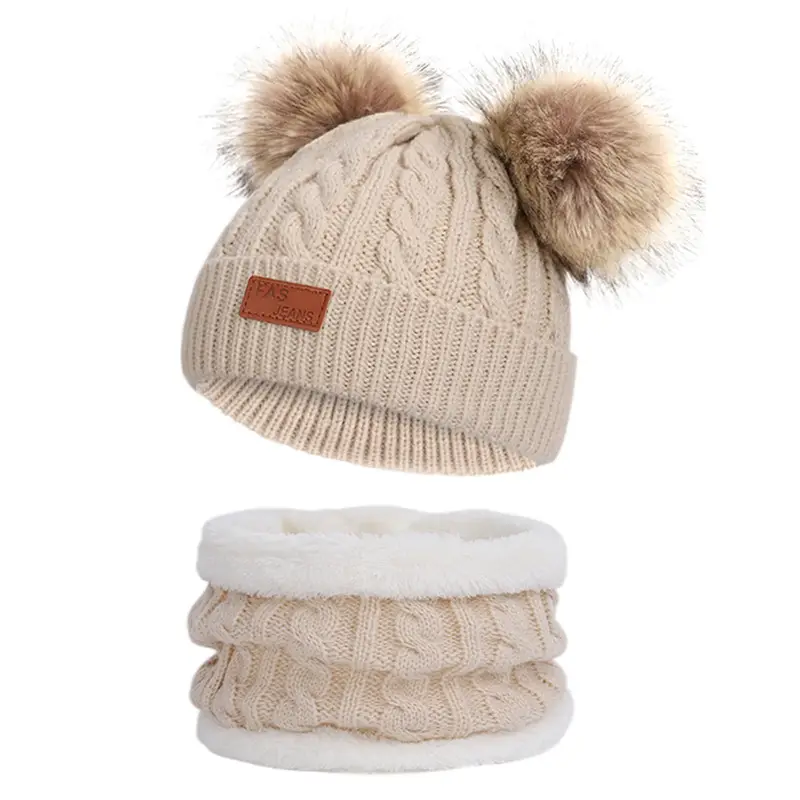 Winter Kidsren's Scarf Hat Two-Piece Set Pom-Pom Baby Baby Knitted Hat Warm Wool Fleece-Lined Thickeneded Neck Cover