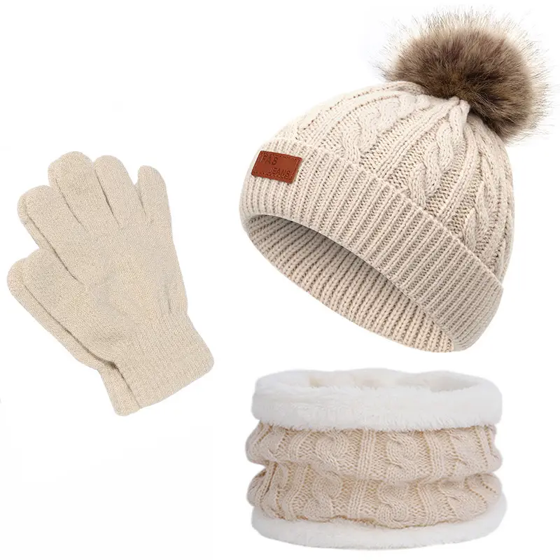 Winter Kidsren's Scarf Hat Two-Piece Set Pom-Pom Baby Baby Knitted Hat Warm Wool Fleece-Lined Thickeneded Neck Cover