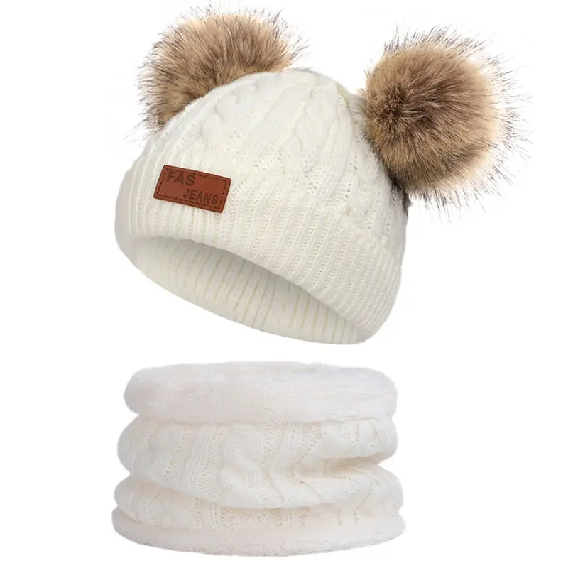 Winter Kidsren's Scarf Hat Two-Piece Set Pom-Pom Baby Baby Knitted Hat Warm Wool Fleece-Lined Thickeneded Neck Cover