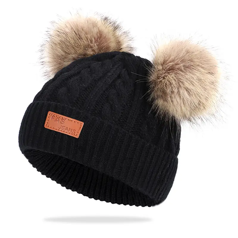 Winter Kidsren's Scarf Hat Two-Piece Set Pom-Pom Baby Baby Knitted Hat Warm Wool Fleece-Lined Thickeneded Neck Cover