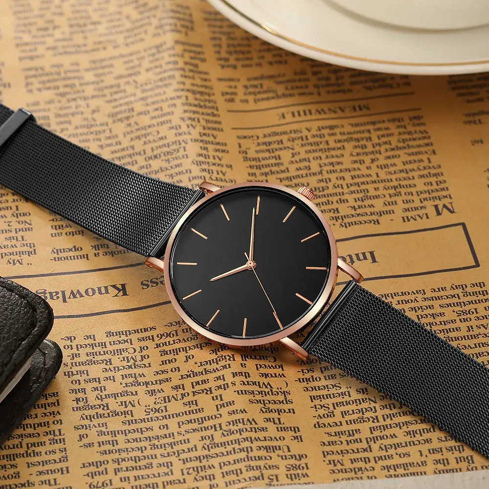 Men's Rose Gold Mesh Watch with White Dial