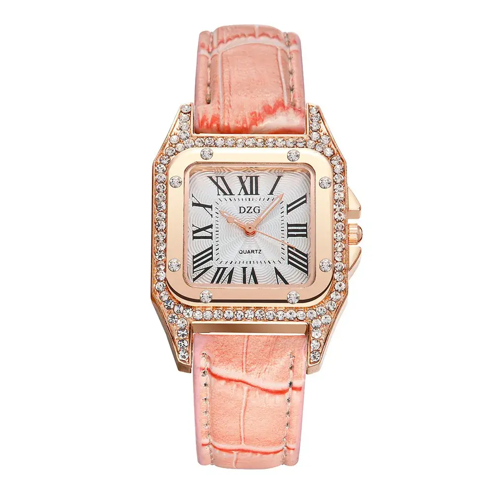 Women's Square Diamond Roman Watch Red Leather Belt