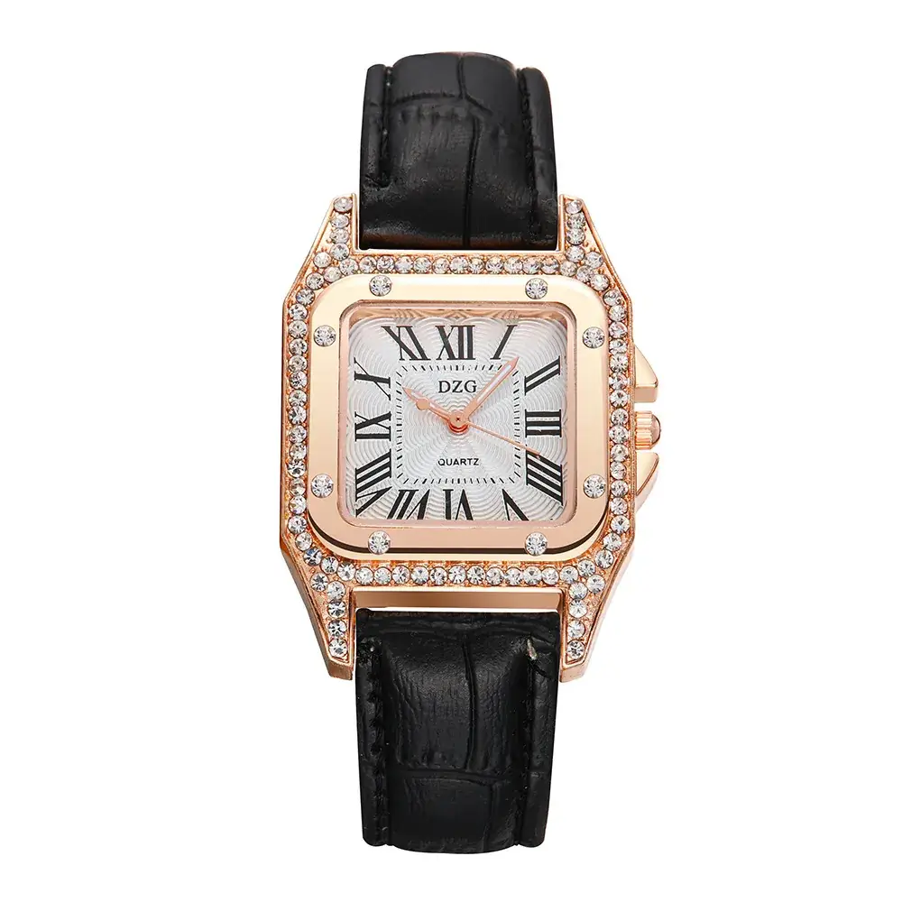 Women's Square Diamond Roman Watch Red Leather Belt