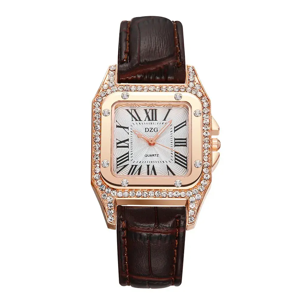 Women's Square Diamond Roman Watch Red Leather Belt