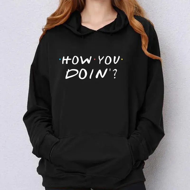 Black Hooded Sweatshirt "How You Doin'" Loose Fleece Autumn - Image 5