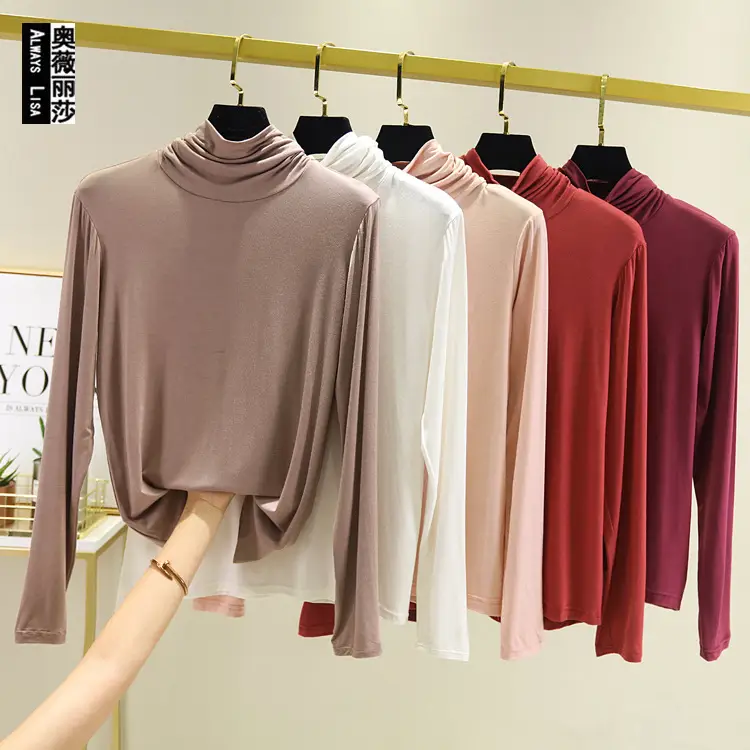 Women's Brown Long Sleeve Turtleneck Top