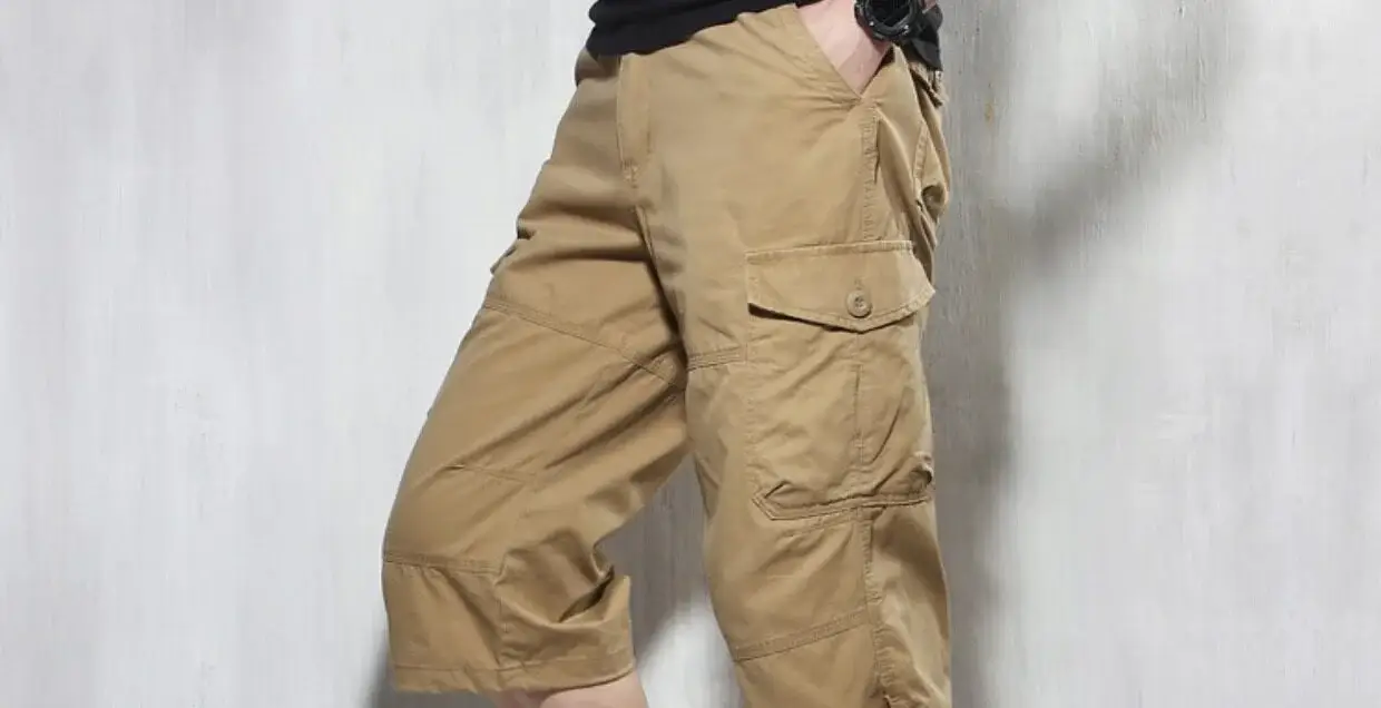 Men Capri Pants Olive Green 5cm Elastic Waist — feature 44