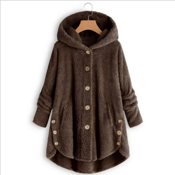 2022 Women's Button Plush Hooded Jacket Brown — feature 4