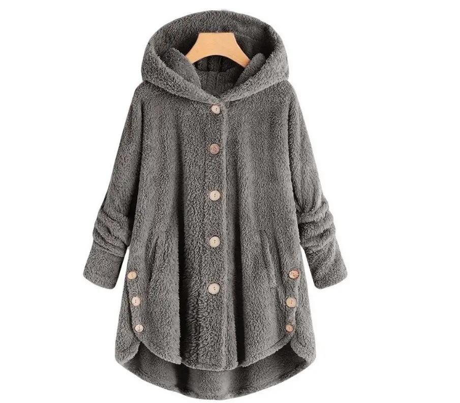 2022 Women's Button Plush Hooded Jacket Brown — feature 9
