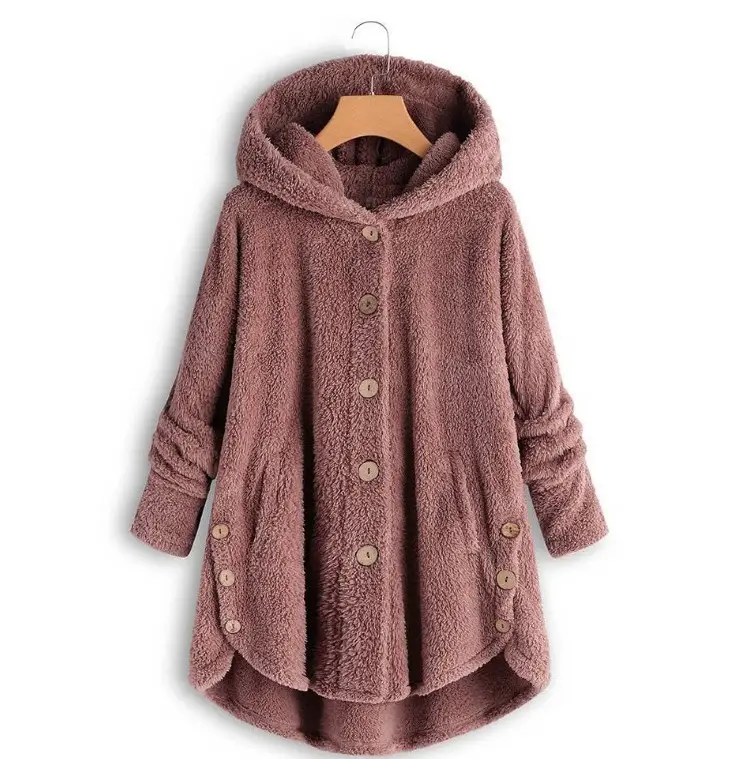 2022 Women's Button Plush Hooded Jacket Brown - Image 2