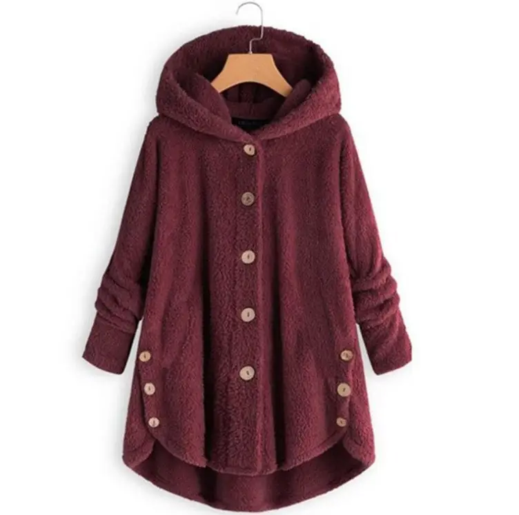 2022 Women's Button Plush Hooded Jacket Brown - Image 4