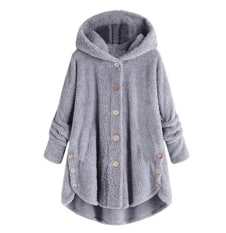 2022 Women's Button Plush Hooded Jacket Brown - Image 6