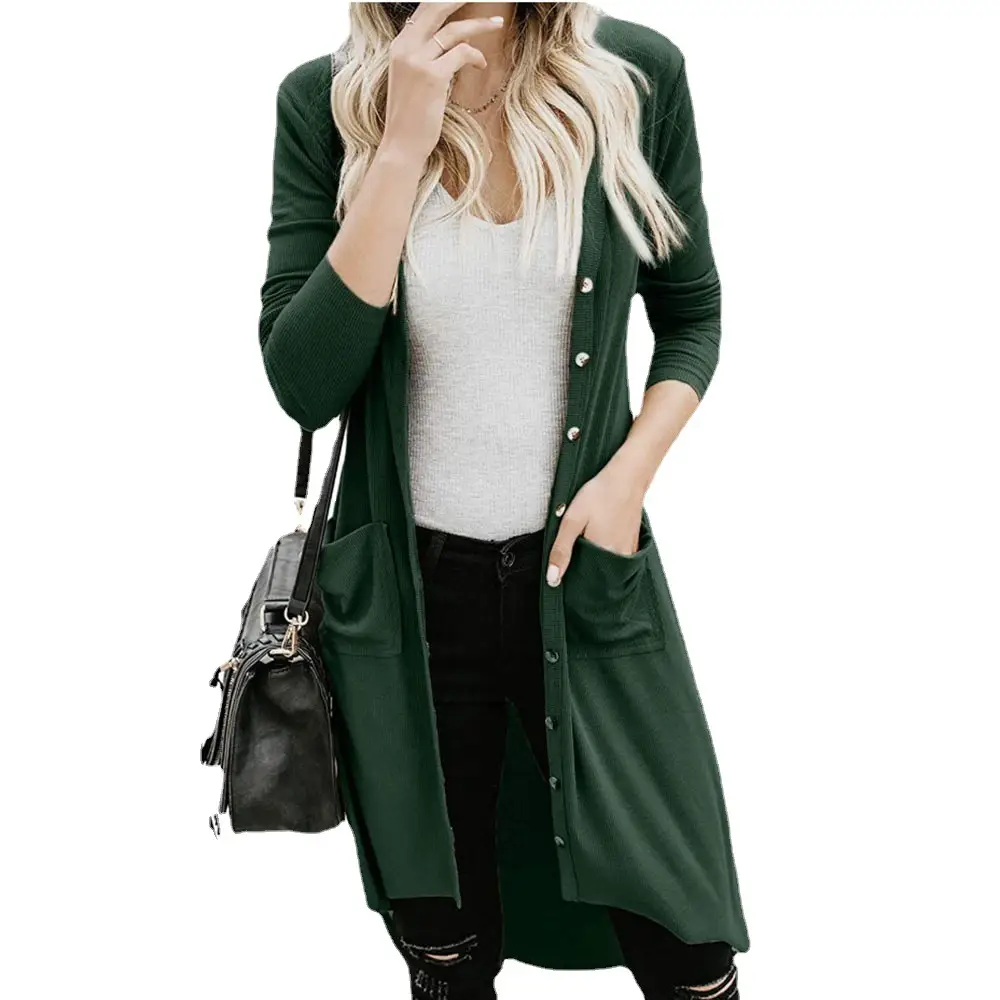 Long Sleeve Button Cardigan Sweater Coat Green - Image 13