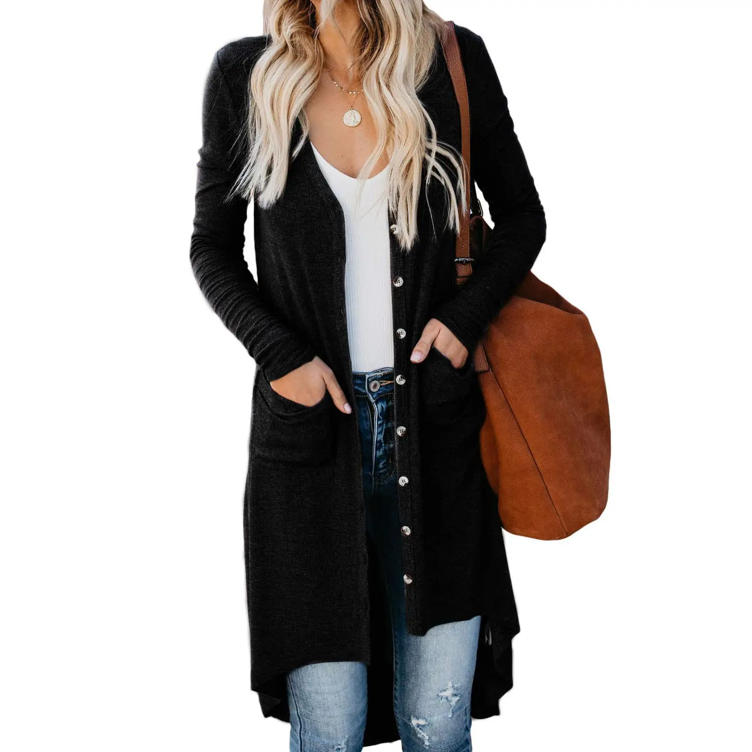 Long Sleeve Button Cardigan Sweater Coat Green - Image 2