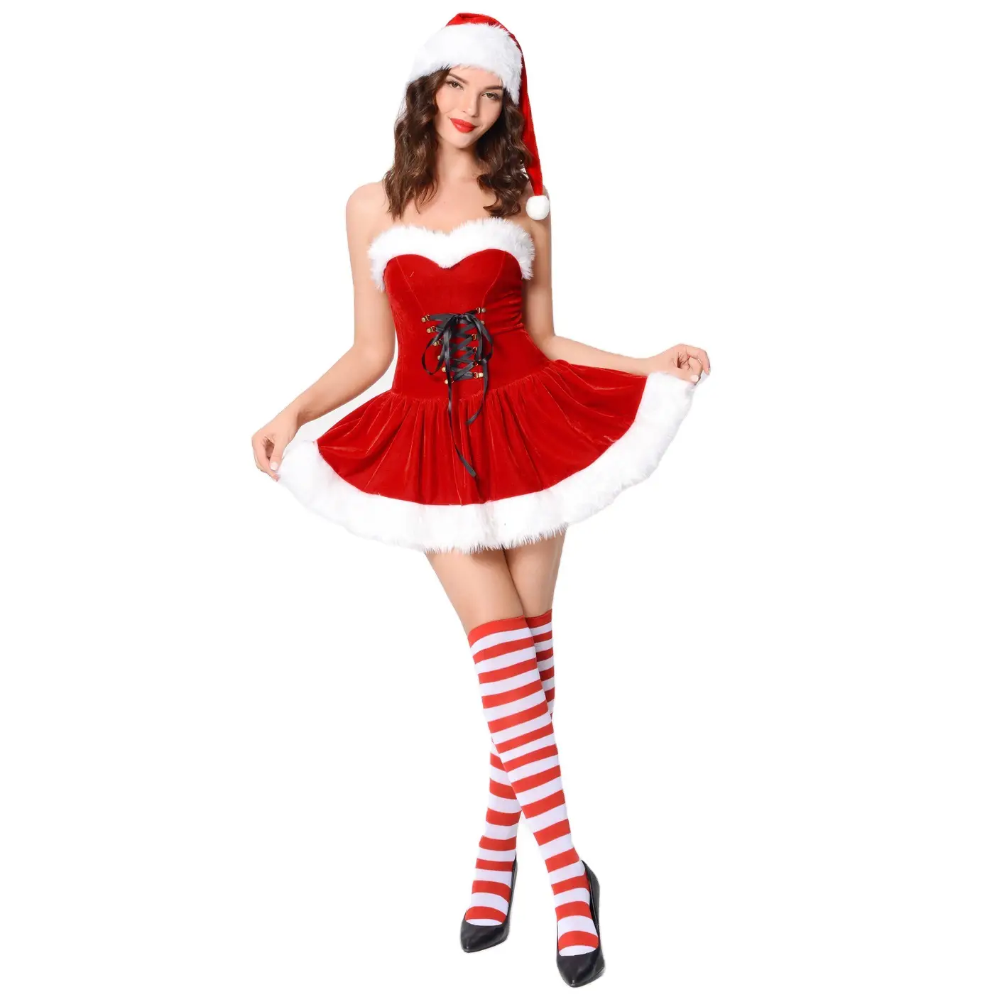 Women's Red Striped Overthe Knee Christmas Party Costume