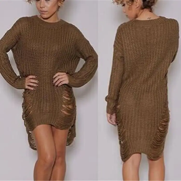 Spring Knitted Long Sleeve Ripped Hem Sweater with Over-the-Head Boots