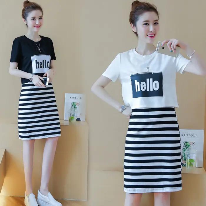 Women Hello Print Striped Skirt Summer Suit 2025