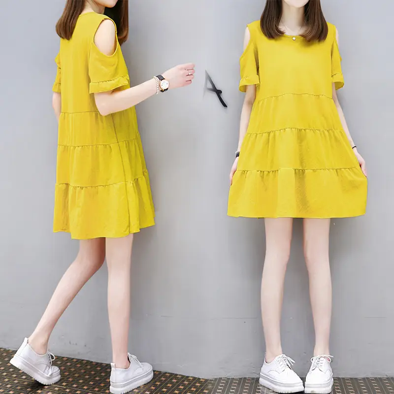 Women Korean Loose Yellow Tiered Dress - Image 3