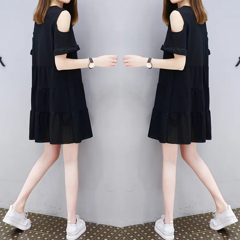 Women Korean Loose Yellow Tiered Dress - Image 2