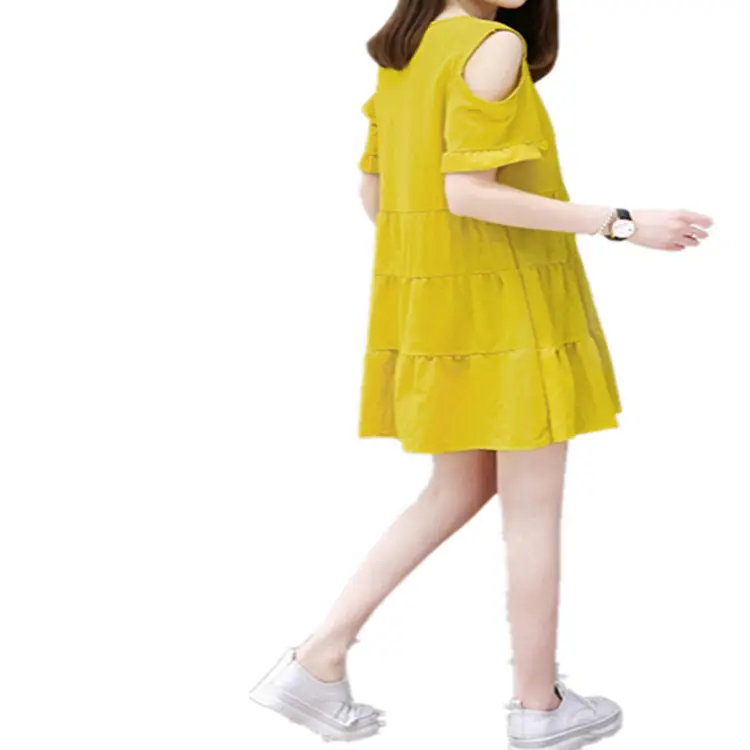 Women Korean Loose Yellow Tiered Dress - Image 5