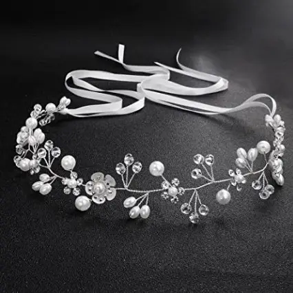European Bridal Flower Beaded Headband with Pearl & Crystal Accents - Image 6