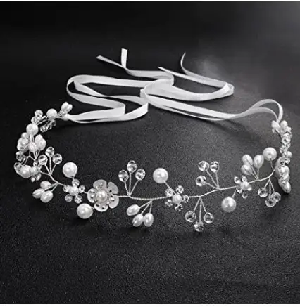 European Bridal Flower Beaded Headband with Pearl & Crystal Accents - Image 2
