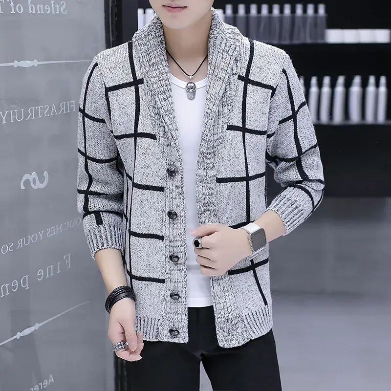 Men's Blue White Grid Knitwear Lapel Jacket