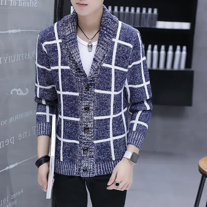 Men's Blue White Grid Knitwear Lapel Jacket