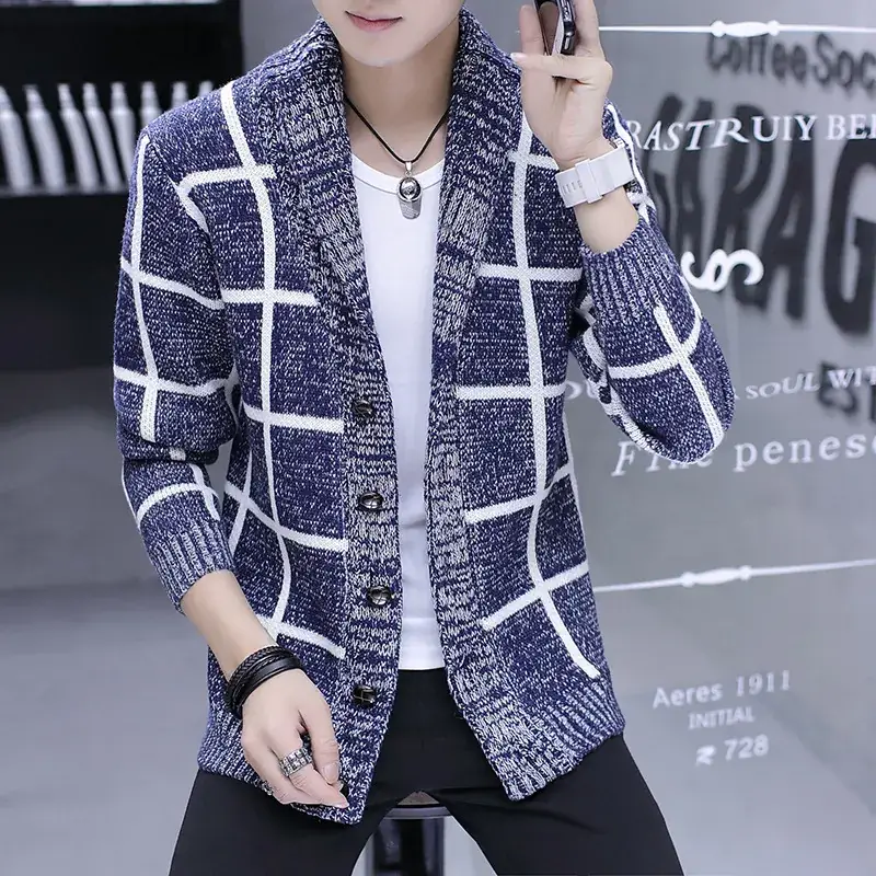 Men's Blue White Grid Knitwear Lapel Jacket