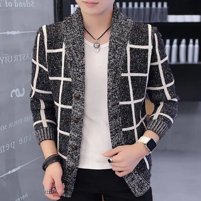Men's Blue White Grid Knitwear Lapel Jacket