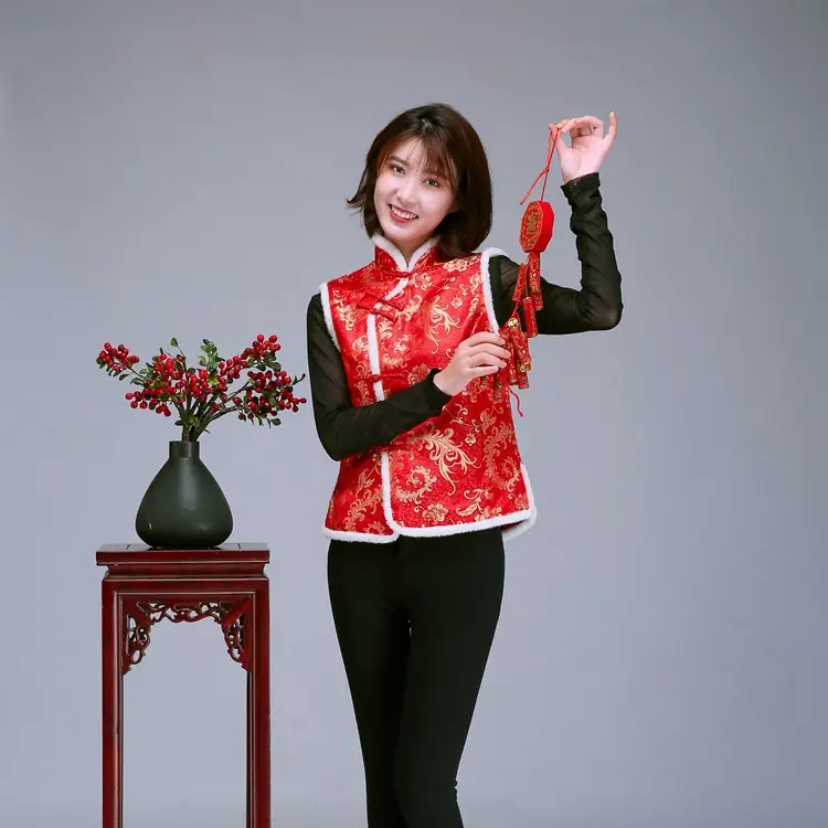 Women Chinese Button Cotton Vest Black Red New Year Warm Winter Tang Suit Vest - Image 15