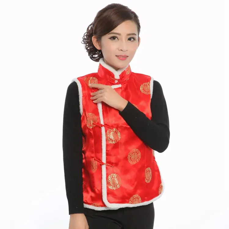 Women Chinese Button Cotton Vest Black Red New Year Warm Winter Tang Suit Vest - Image 2