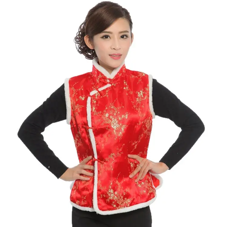 Women Chinese Button Cotton Vest Black Red New Year Warm Winter Tang Suit Vest - Image 17