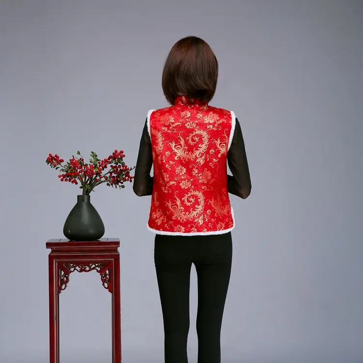 Women Chinese Button Cotton Vest Black Red New Year Warm Winter Tang Suit Vest — feature 10