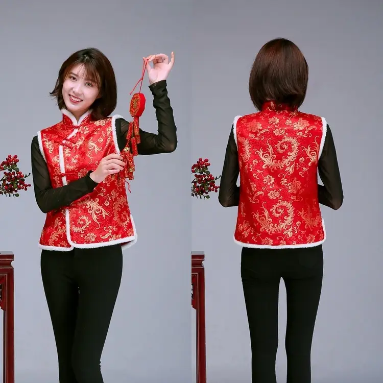 Women Chinese Button Cotton Vest Black Red New Year Warm Winter Tang Suit Vest — feature 8