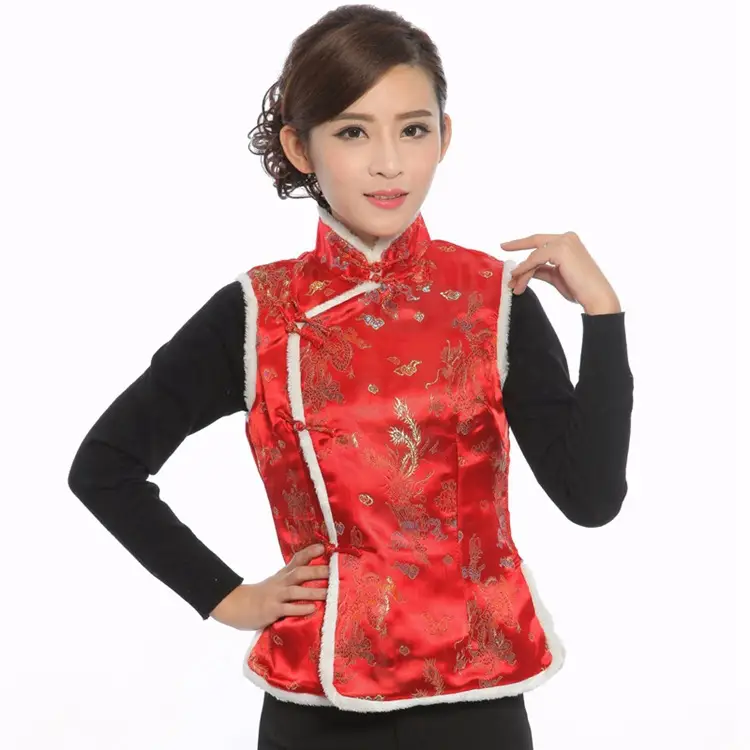 Women Chinese Button Cotton Vest Black Red New Year Warm Winter Tang Suit Vest - Image 3