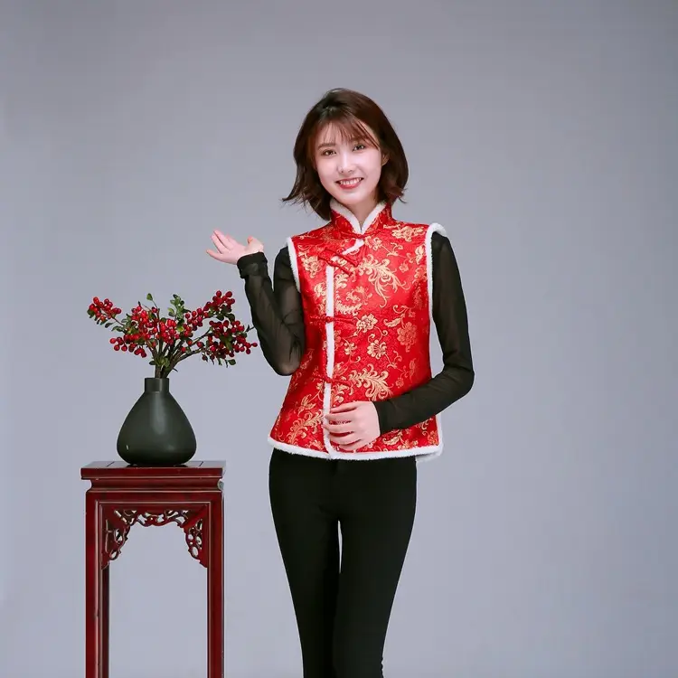 Women Chinese Button Cotton Vest Black Red New Year Warm Winter Tang Suit Vest - Image 4