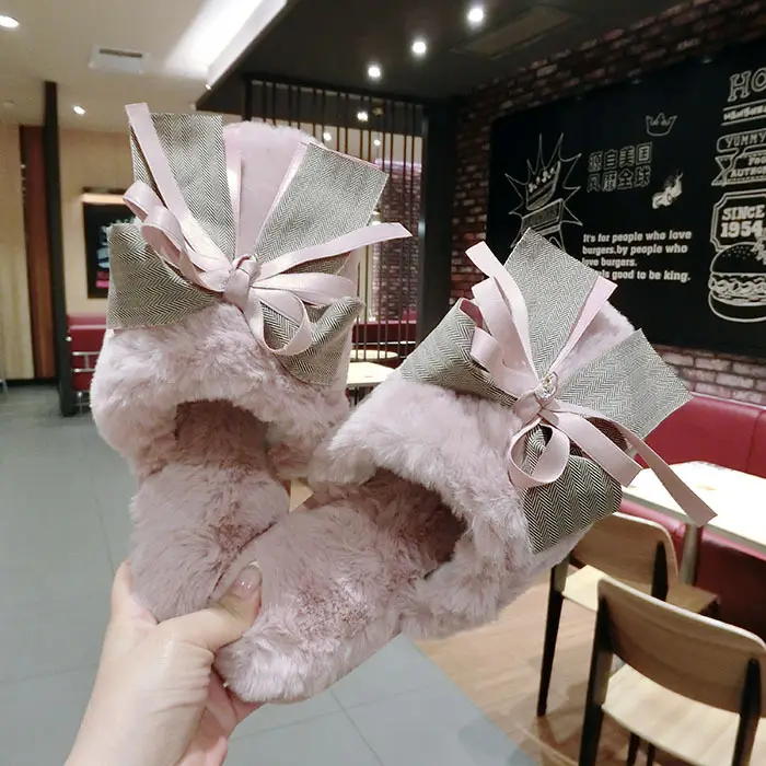 Korean New Style Slippers Bow Plush Thickened Warm Shoes Autumn and Winter Women's Home Flat Outer Wearing Cotton Slippers