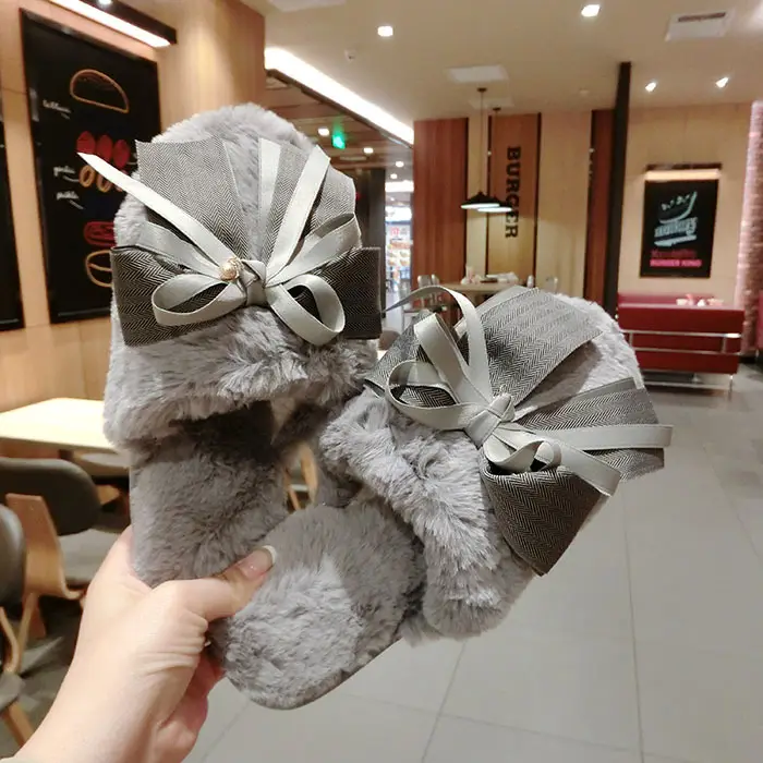 Korean New Style Slippers Bow Plush Thickened Warm Shoes Autumn and Winter Women's Home Flat Outer Wearing Cotton Slippers