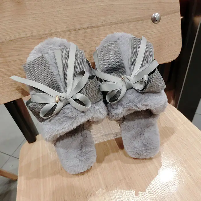 Korean New Style Slippers Bow Plush Thickened Warm Shoes Autumn and Winter Women's Home Flat Outer Wearing Cotton Slippers